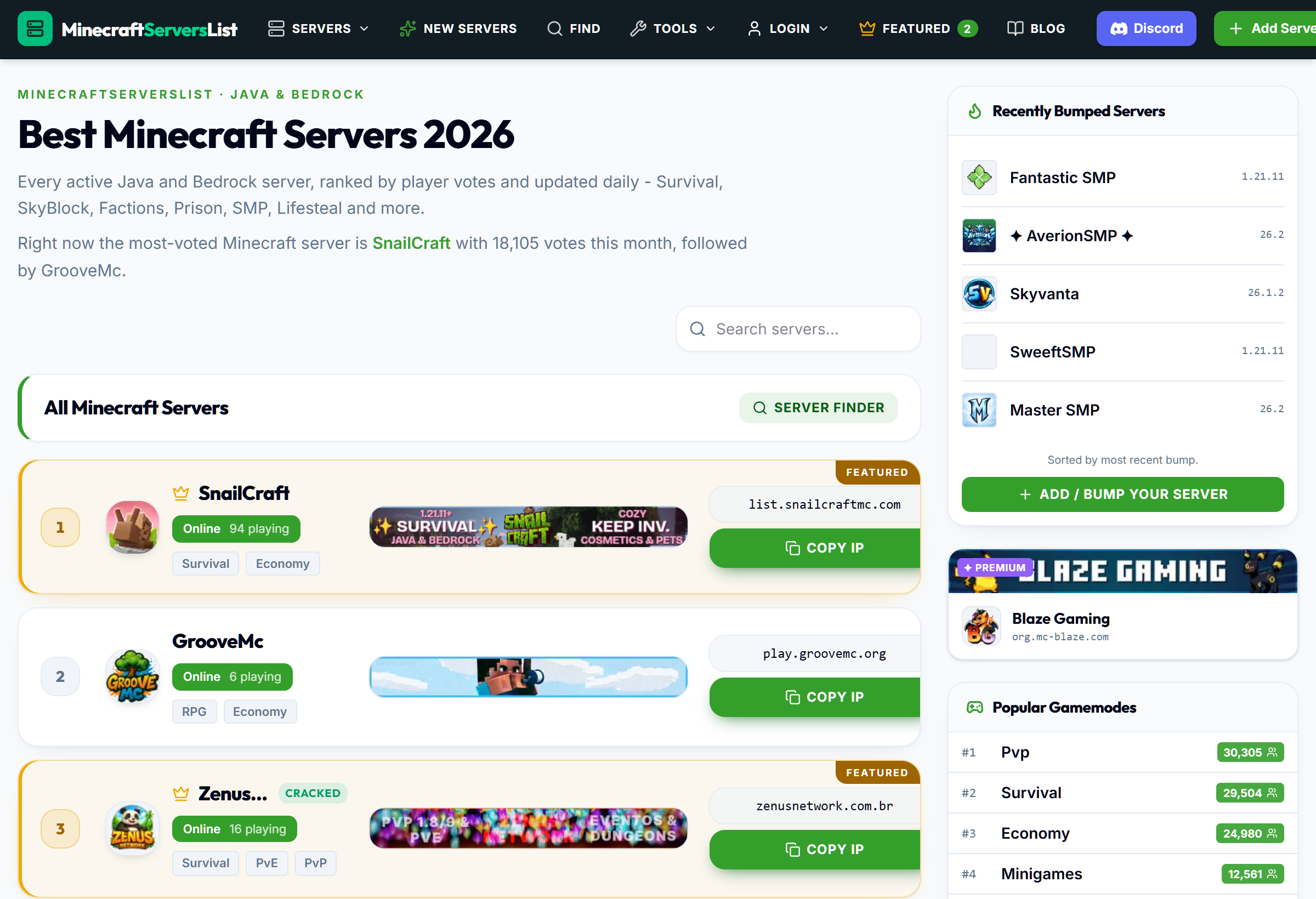 MinecraftServers-List website showing its Minecraft server directory and popular game modes